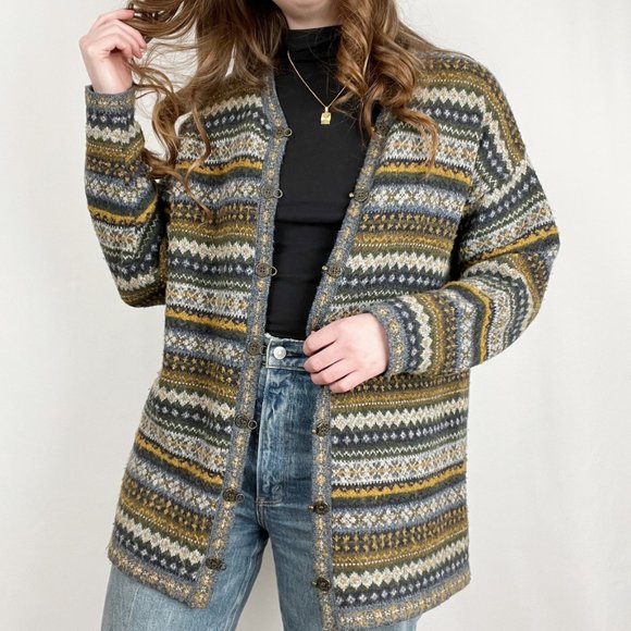 Vintage Fair Isle Knit Oversized Long Cardigan Sweater Scandinavian Cozy 90s Y2K - Picture 4 of 7